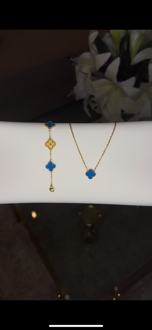 Blue & Gold Clover - Bracelet & Necklace Set